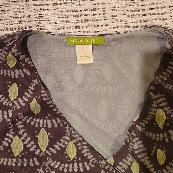Vintage Sigrid Olsen faux wrap grey green leaves mesh long sleeve top size M - Picture 2 of 9
